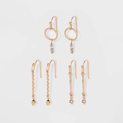 Steel Stud Drop Earring Set 3pc - A New Day™ Gold