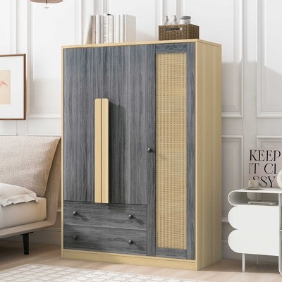 LOVMOR 3-Doors Wooden Rattan Wardrobe Storage with 4 Shelves, 2 Large Drawers and a Hanging Rail for Bedroom, Home Room