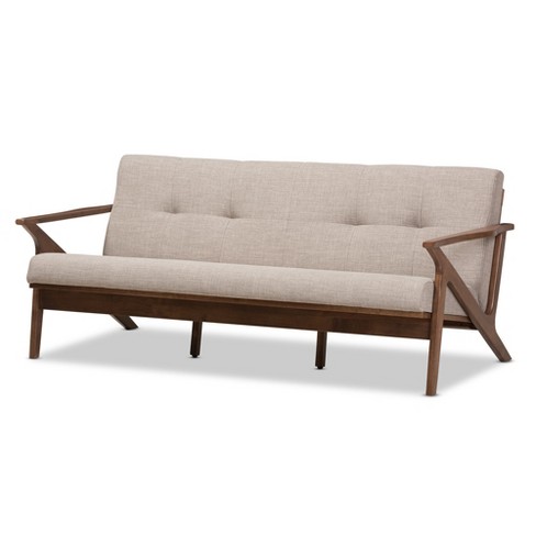 Bianca Mid modern Walnut Wood Fabric Tufted 3 Seater Sofa Light