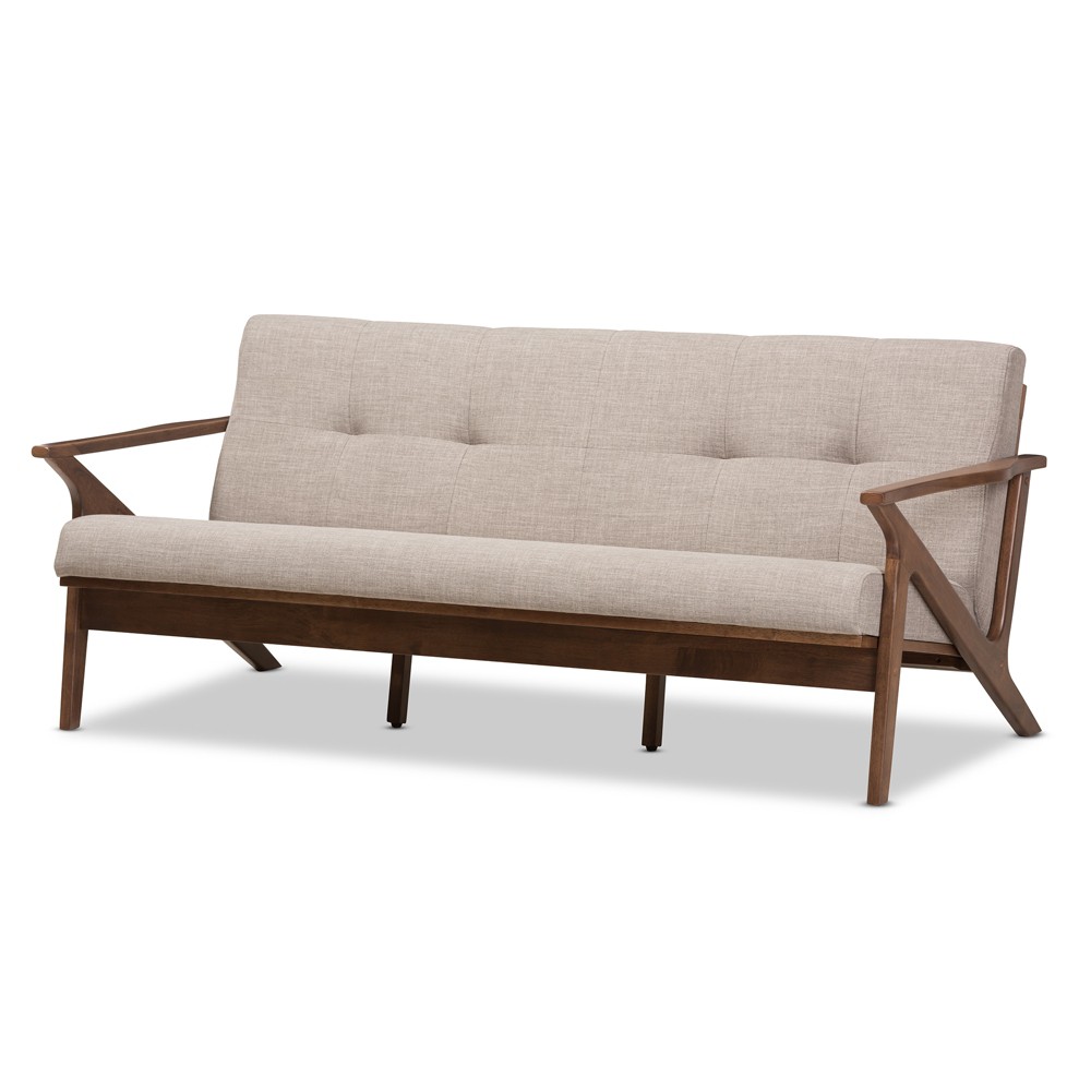 Photos - Sofa Bianca Mid-Modern Walnut Wood Fabric Tufted 3 Seater  Light Gray - Bax