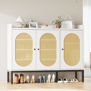 White Shoe Cabinet with 3 Rattan Doors, Freestanding Shoe Organizer with 8-Tier Large Storage and Adjustable Shelves for Entryway Hallway Living Room - 1 of 4