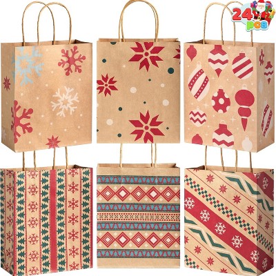 Assorted Kraft Christmas Gift Bags with Festive Designs, 24-Pack
