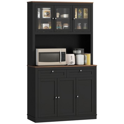 HOMCOM 71" Tall Kitchen Pantry Storage Cabinet with 2 Drawers, Microwave Cabinet with Adjustable Shelves and Glass Doors, Black