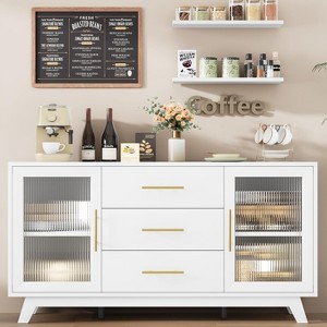 56" Buffet Server with Fluted Glass & Gold Handles – Adjustable Shelf Cabinet for Dining Room, Kitchen Coffee Bar, Retro Console Table - 1 of 4