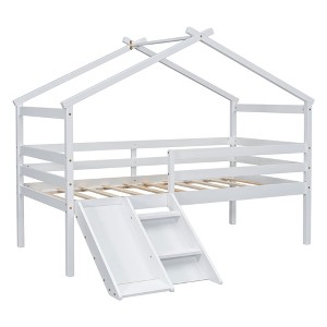 YOOCOZZ Twin Size House Roof Design Low Loft Bed with Slide and Safety Guardrails - 1 of 4