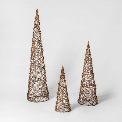 3ct Christmas LED Cone Trees Brown Rattan Battery Operated Novelty Sculpture Lights Warm White - Wondershop™