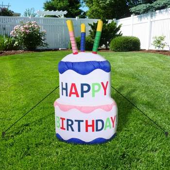 Sunnydaze 4 Foot Self Inflatable Blow Up Happy Birthday Cake Outdoor Lawn Decoration with LED Lights