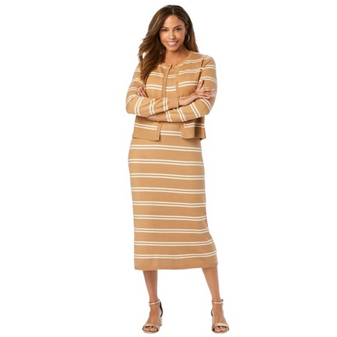 Jessica London Women’s Plus Size Two Piece Sweater Dress Set, 22/24 - Soft  Camel Double Stripe