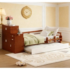 TIRAMISUBEST Twin Daybed Trundle Bed Frame with Bookshelf Movable Wardrobe Solid Wood, Brown, 95.5"*40.9"*42.3" - 1 of 4
