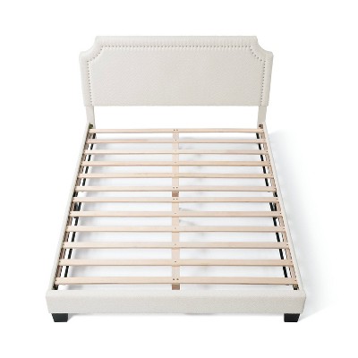 White Boucle Upholstered Queen Bed with Nailhead Trim and Wood Frame