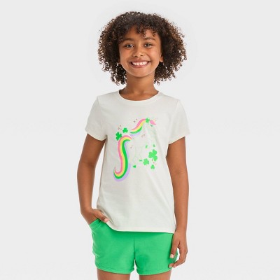 Girls' St. Patrick's Day Short Sleeve 'Unicorn' Graphic T-Shirt - Cat & Jack™ Cream M