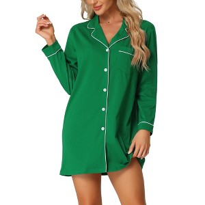 cheibear Women's Long Sleeve Notched Lapel Button Down Lounge Nightshirt - 1 of 4