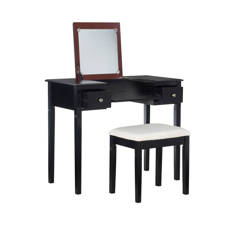 Camden Traditional Wood 2 Drawer Lift Top Mirror Vanity and Upholstered Stool Black Cherry - Linon, 3 of 17