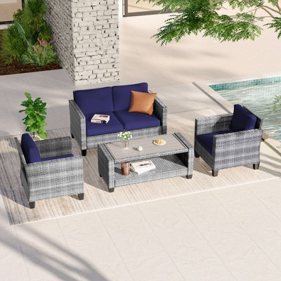 Sonkuki 4 Pieces Patio Conversation Set, Loveseat Sofa with Coffee Table, All-Weather PE Rattan Wicker Sofa