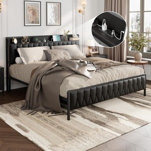 Bed Frame with Charging Station, Platform Bed Frame with Storage Faux Leather Button Headboard & Footboard, Noise-Free, No Box Spring Needed - 1 of 4