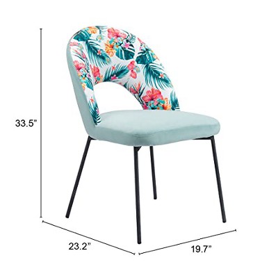 Green Velvet and Floral Print Side Chair with Metal Legs