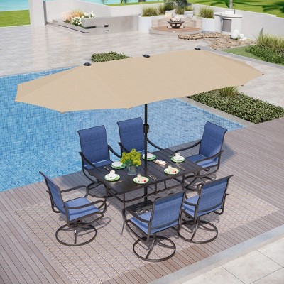 Captiva Designs 8pc Patio Dining Set with Rectangular steel table & Padded Sling Swivel Chairs & Market Umbrella