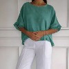 Women's Summer Ruffle Hem Short Sleeve Shirt Casual Loose Fit Round Neck Blouse - 3 of 4