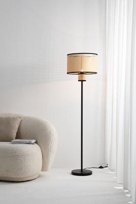 Nakuv 17'' Black Metal and Rattan Floor Lamp with USB Port