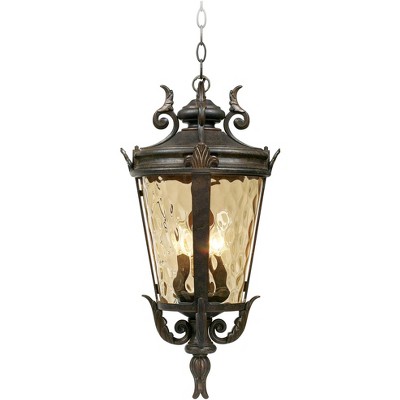 John Timberland Mediterranean Outdoor Ceiling Light Hanging Bronze Scroll 23 3/4" Champagne Hammered Glass Damp Rated for Patio