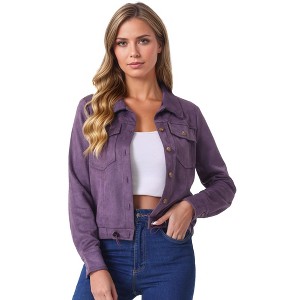 INSPIRE CHIC Women's Faux Suede Casual Spread Collar Button Up Biker Moto Jacket - 1 of 4