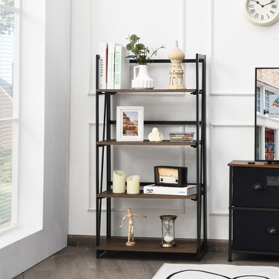 Brown Wire 4-Tier Folding Bookshelf with Industrial Design