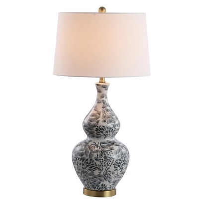 Exotic Floral Black & White Ceramic Table Lamp Set with Brass Accents