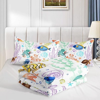 Luupatchy 3pcsTropical Fish Marine Life Bed Set with 2 Pillowcases for Kids Room Decor Comforter Set