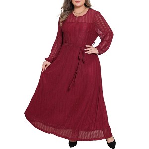 Women's Plus Size Sparkly Mesh Crew Neck Lantern Sleeve Wedding Evening Gown Formal Maxi Dress with Belt - Agnes Orinda - 1 of 4