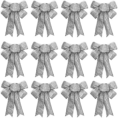 Bright Creations 12 Pieces 7"x9" Christmas Bows Organza Xmas Gift Wrapping Bowknot with Twist Tie, Silver Glitter