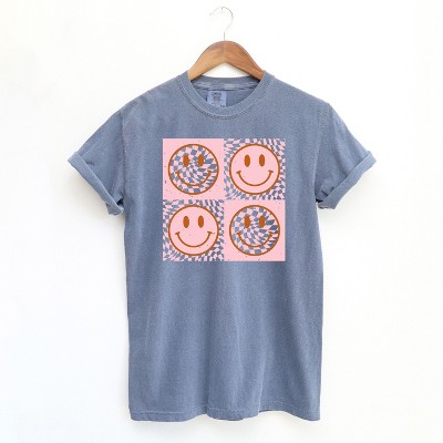 Simply Sage Market Women's Pink Four Square Smiley Faces Short Sleeve Garment Dyed Tee