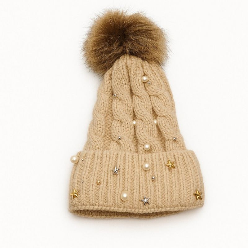 Anna-Kaci Women's Cable Knit Beanie Hat with Decorative Pearl and Star Embellishments and Soft Pom Detail - One Size Fits Most, Beige