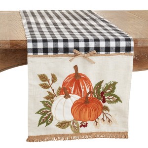 Saro Lifestyle Embroidered Pumpkins Design Plaid Table Runner, Black, 16" x 70" - 1 of 3