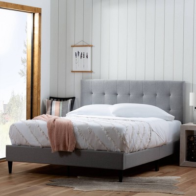 Gray Upholstered King Platform Bed with Tufted Headboard