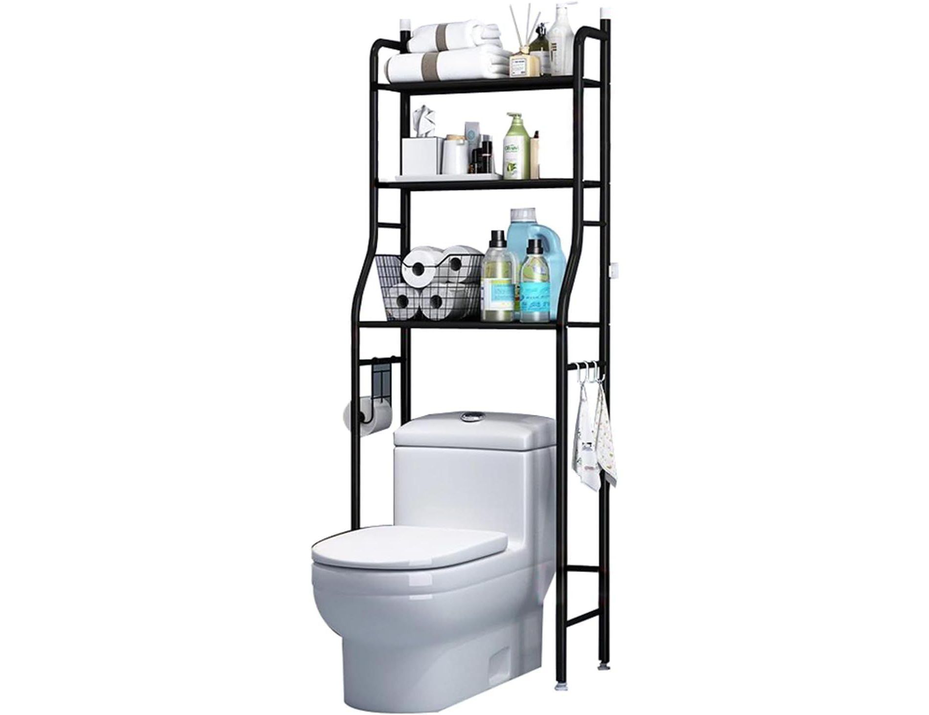 2-Tier Floor-Standing Over Toilet Storage Cabinet, Metal Bathroom Organizer with Removable Towel Hooks and Toilet Paper Holder