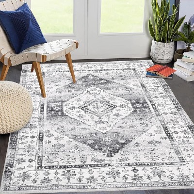 Vintage Floral Area Rug Washable Non-Slip, Oriental Low Pile Accent Carpet for Living Room Bedroom Office, Distressed Medallion Design