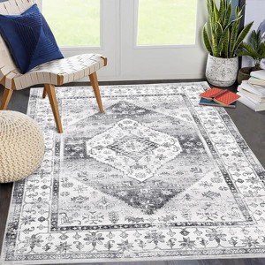 Vintage Floral Area Rug Washable Non-Slip, Oriental Low Pile Accent Carpet for Living Room Bedroom Office, Distressed Medallion Design - 1 of 4