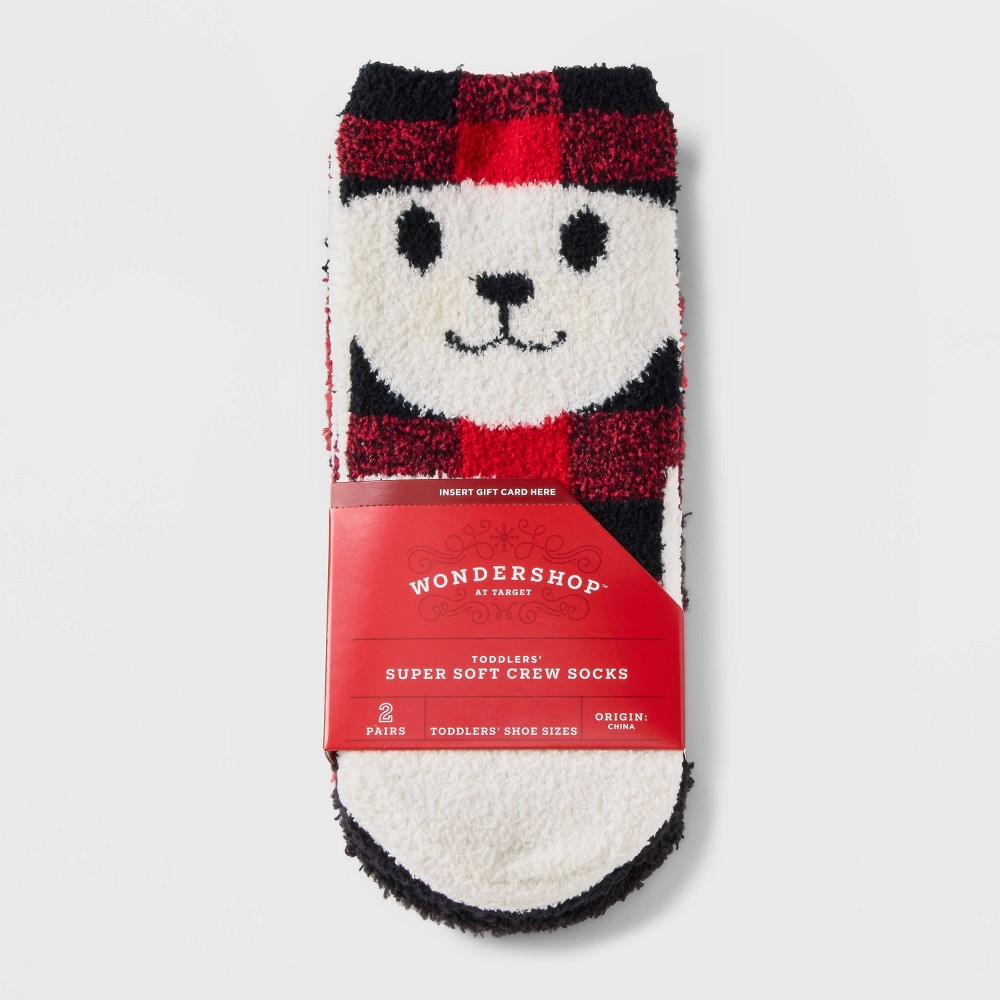Toddler Buffalo Check Plaid Bear 2pk Cozy Crew Socks with Gift Card Holder - Wondershop White/Red/Black Red 2T-3T