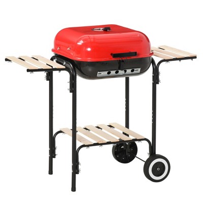 Outsunny Red and Black Portable Charcoal Grill with Shelves