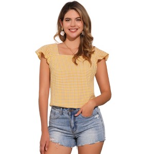 INSPIRE CHIC Women's Summer Gingham Square Neck Ruffle Sleeve Blouse - 1 of 4