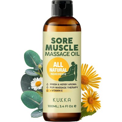 Kukka Sore Muscle Massage Oil for Massage Therapy - 3.4 Fl Oz -Eucalyptus & Roman Chamomile, Relaxing Body