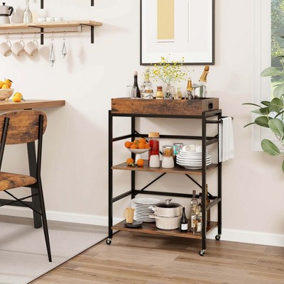 Rustic Brown and Black 3-Tier Bar Cart with Detachable Tray
