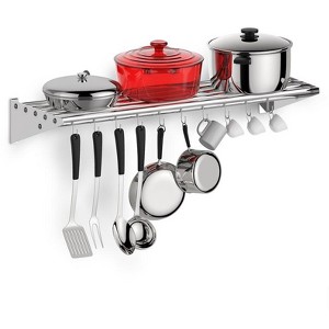 Metal Kitchen Rack , 12" x 60" Stainless Steel Wall Mount Shelf with 10 S Hooks for Hanging Pots, Pans, Cookware in Home and Restaurant - 1 of 4