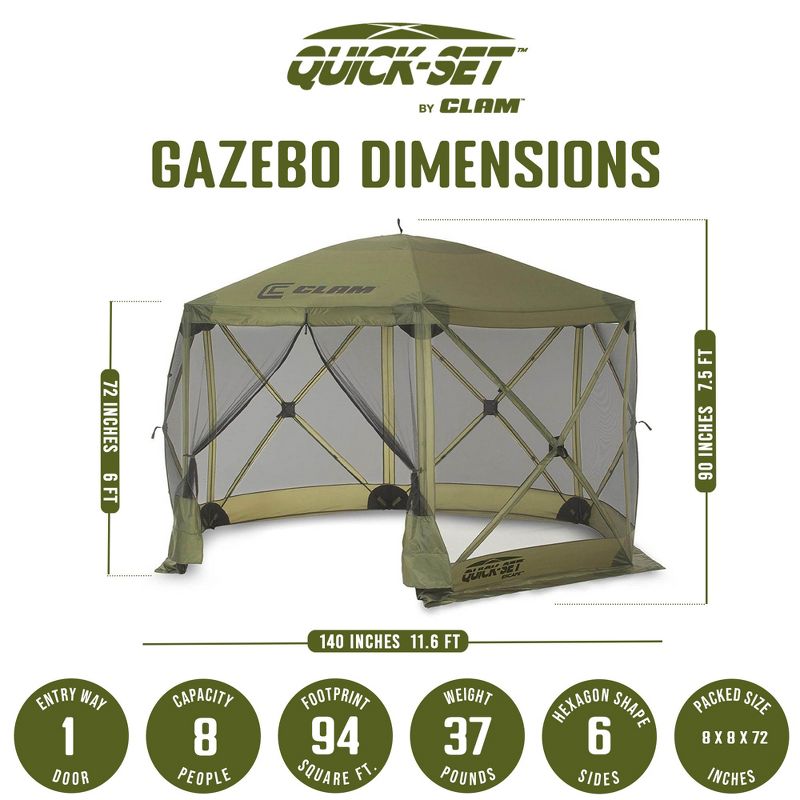 CLAM Quick-Set Escape 12 x 12 Foot Portable Pop-Up Camping Outdoor Gazebo Screen Tent Canopy Shelter and Carry Bag with Wind and Sun Panels Sets, Green, 4 of 7