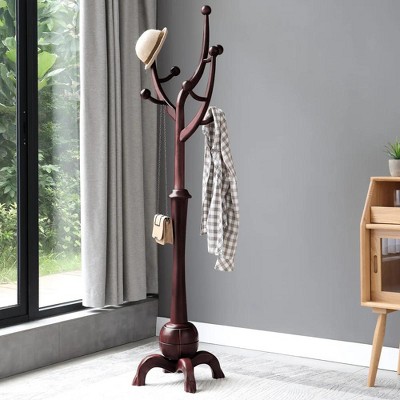 Bekrvio Coat Rack Freestanding Wood Tree Rack with 8 Hooks, Black- Red