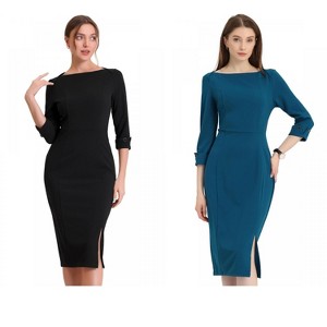 INSPIRE CHIC Women's Elegant Boat Neck 3/4 Sleeves Work Midi Split Sheath Dress 2 Packs - 1 of 4