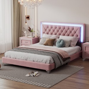TiramisuBest Queen Size Velvet Platform Bed with LED Lights and Tufted Headboard - 1 of 4