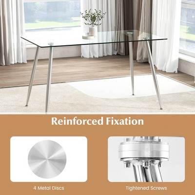 Modern Clear Glass Rectangular Dining Table with Silver Metal Legs