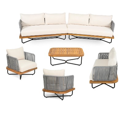 Christopher Knight Home Foisy 6 Piece Outdoor Rope Woven and Iron Chat Set with Acacia Wood Base and Water-Resistant Cushions