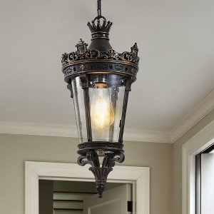 DOMETOUR Antique Crown Outdoor Hanging Lantern, Waterproof Vintage Pendant Light with Ornate Metal & Glass for Patio, Garden, Porch, Entryway - 1 of 4